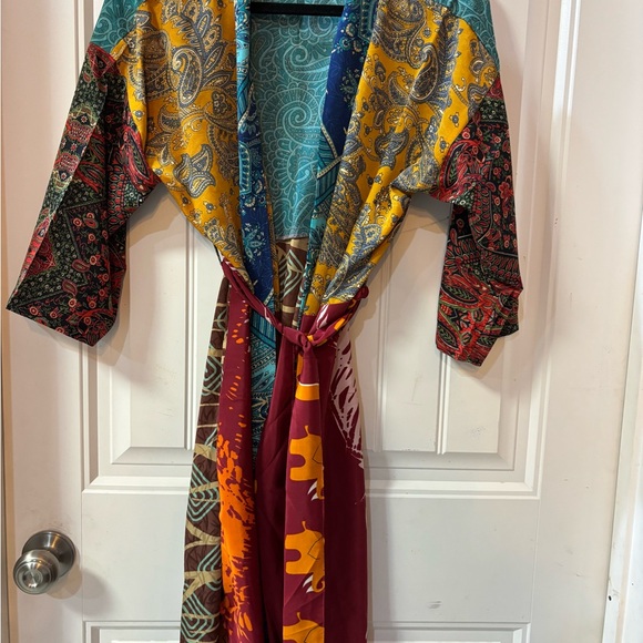 Karma Highway Other - Multi-Pattern Kimono Robe in Teal, Mustard & Burgundy